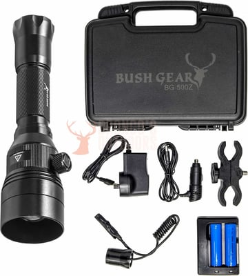Bushgear BG-500Z 3 LED Zoomable Flashlight + 18650 Batteries + Charger + Remote Switch + Scope Mount